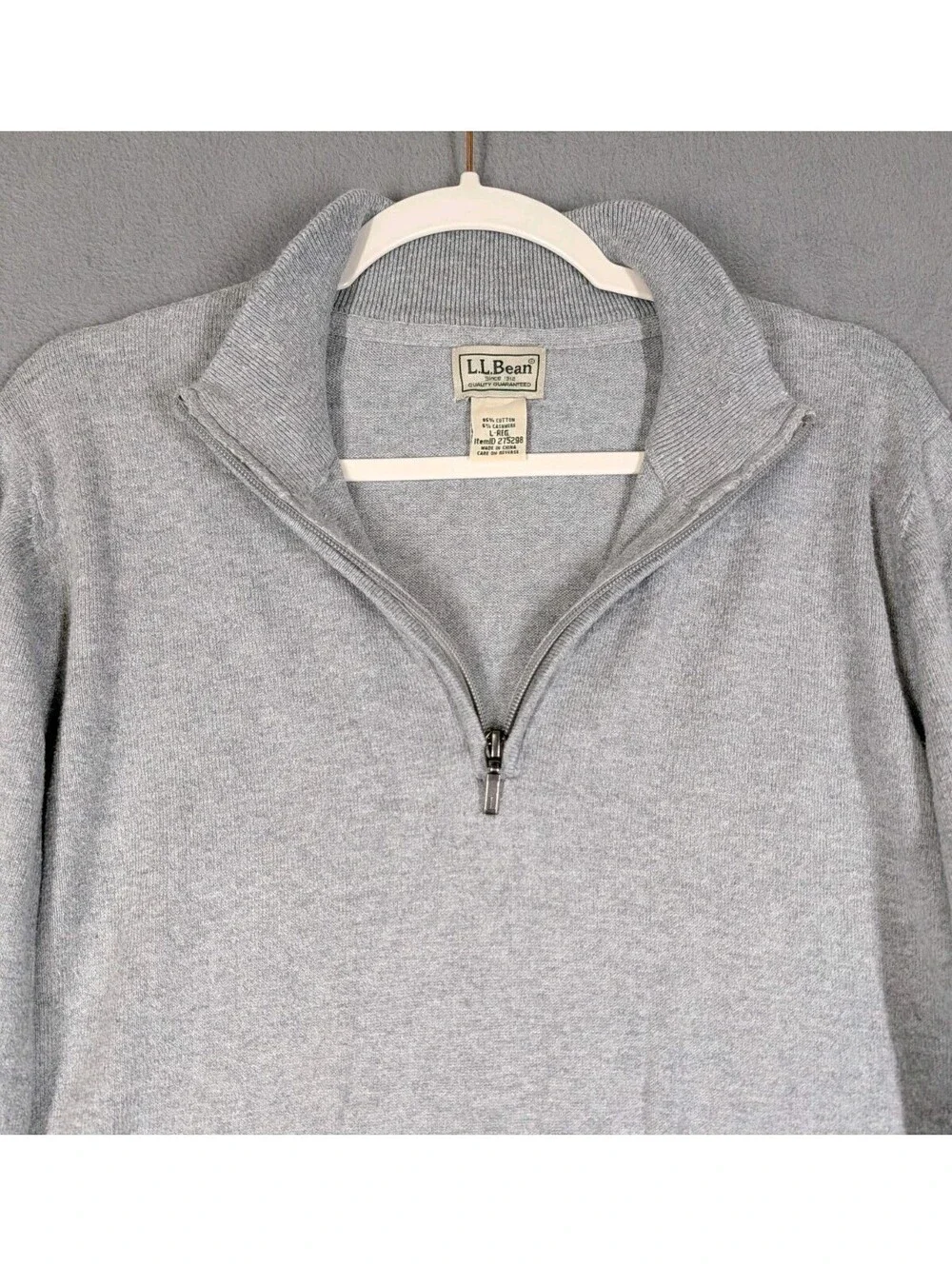 LL Bean Mens Large Gray Cotton Cashmere Quarter Zip Sweater Casual Classic Soft